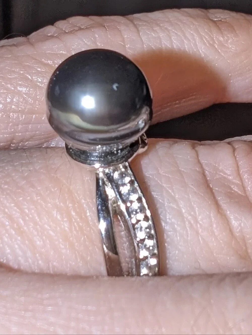 Cultured Black Tahitian Pearl W/ White Zircon Rhodium Over 925 Sterling Ring Sz8